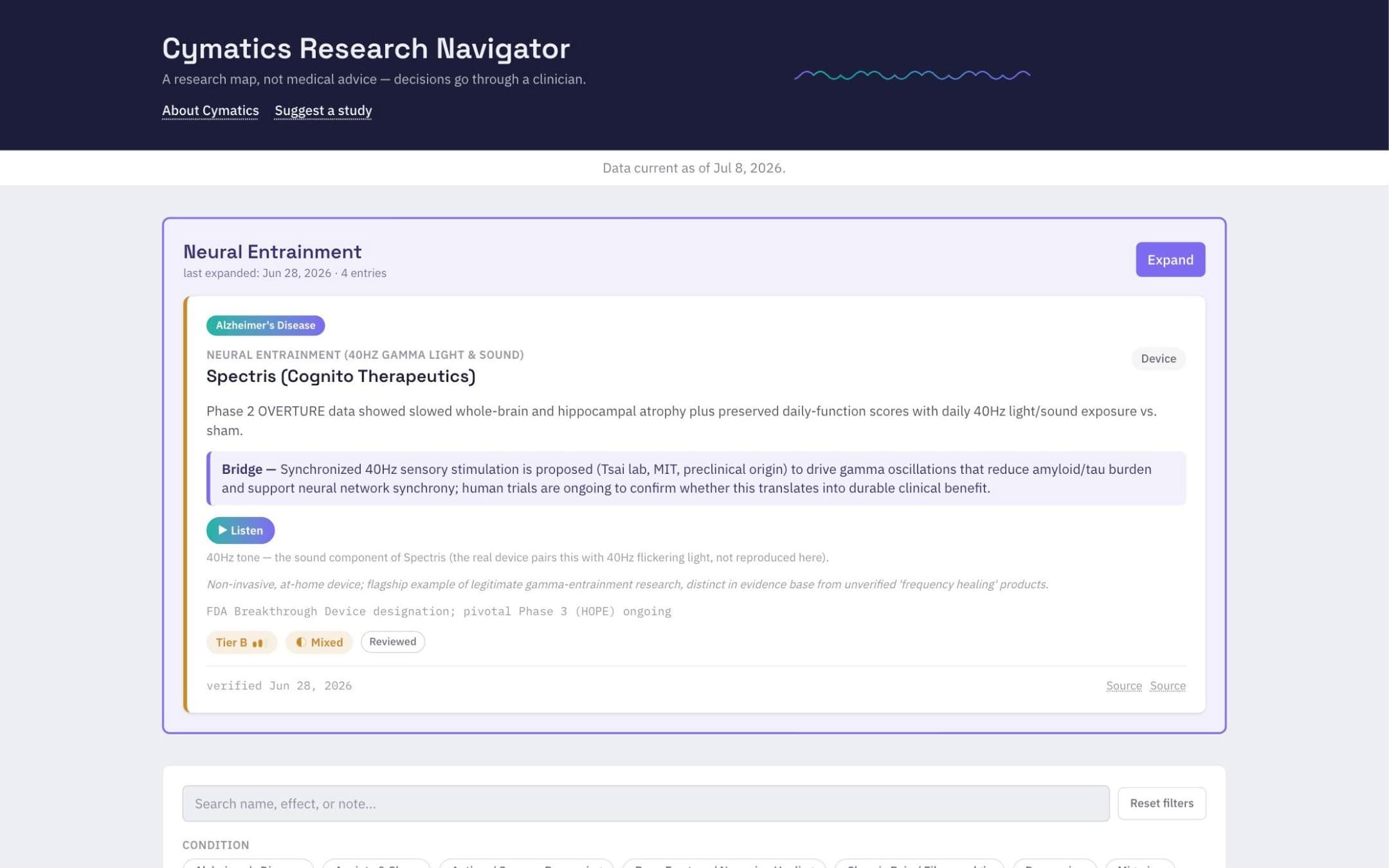 Cymatics Research Navigator on desktop