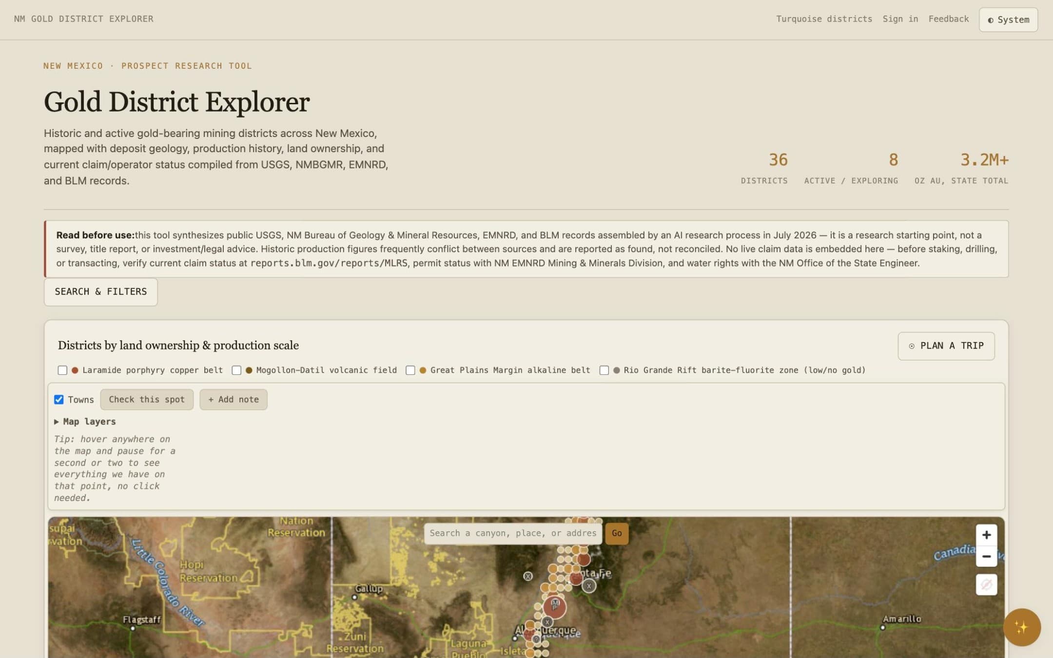 Gold District Explorer on desktop